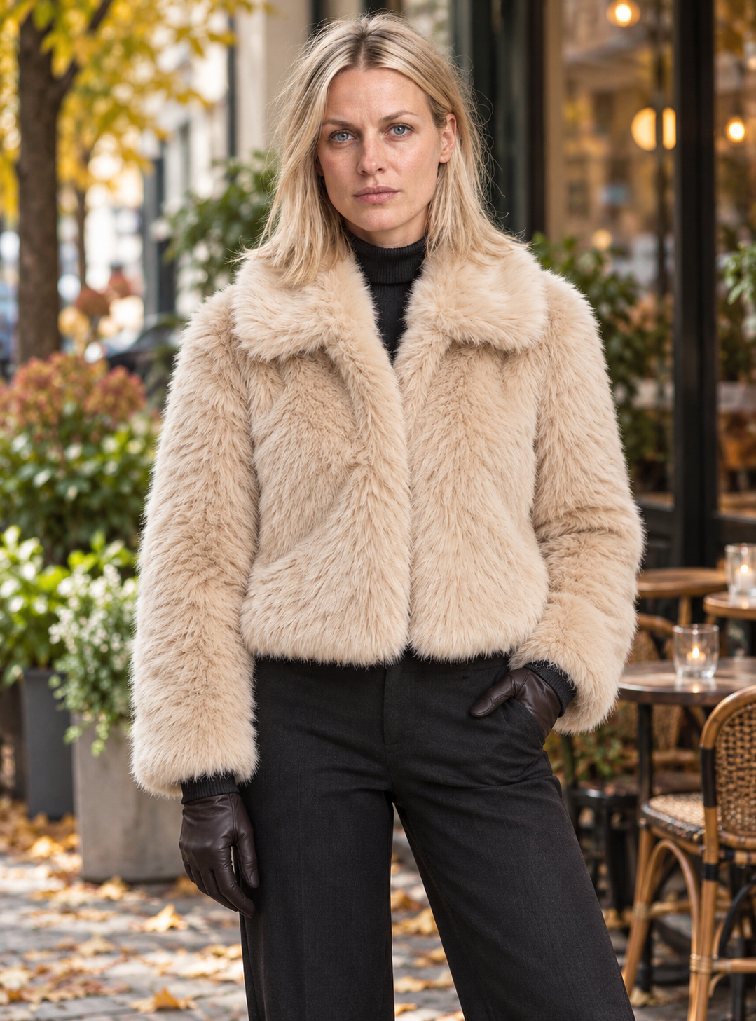 Gesa | Fluffy Collared Faux Fur Cropped Jacket