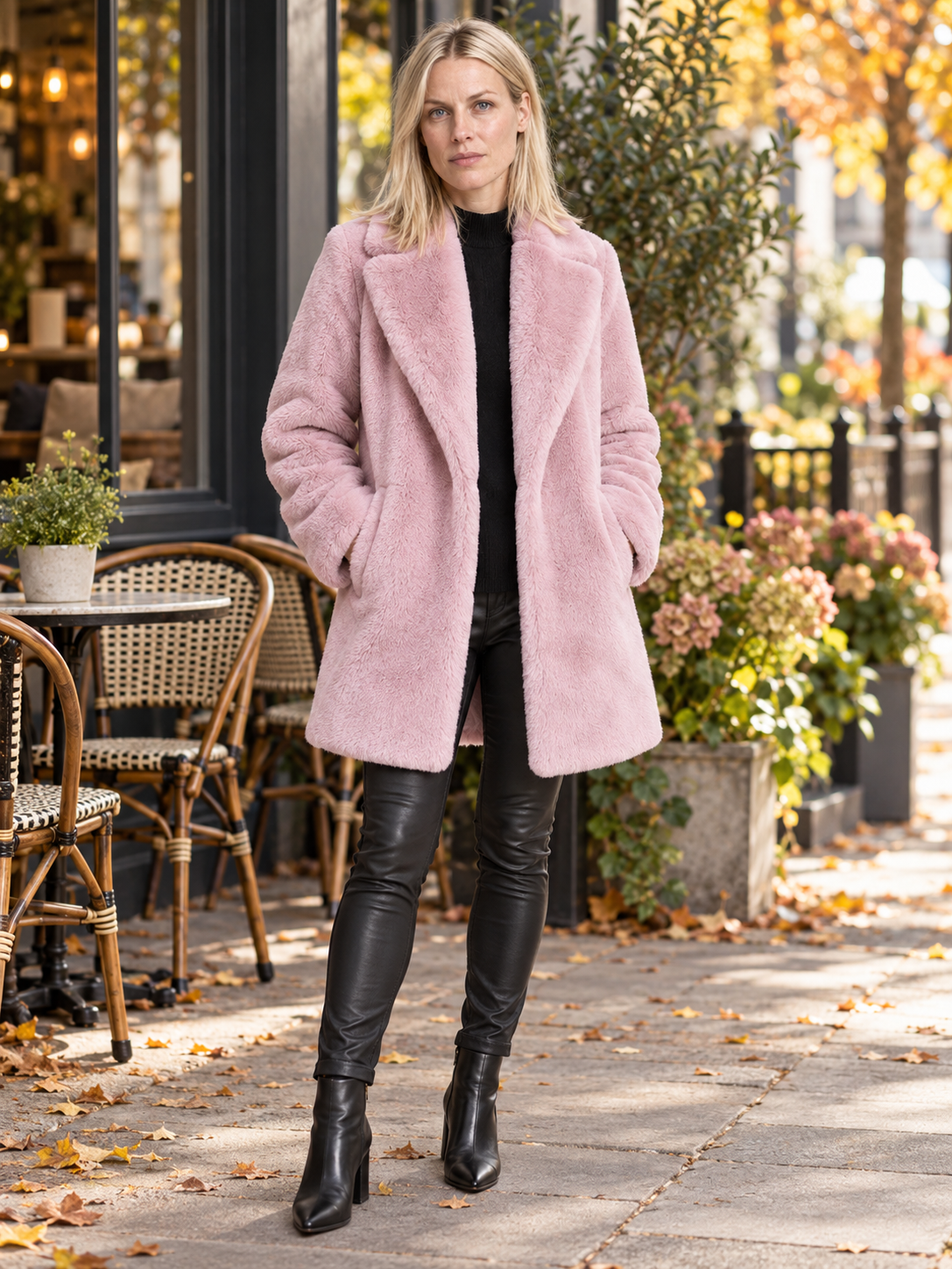 Flavie | Wide-Lapel Open-Front Faux Fur Mid-Thigh Coat