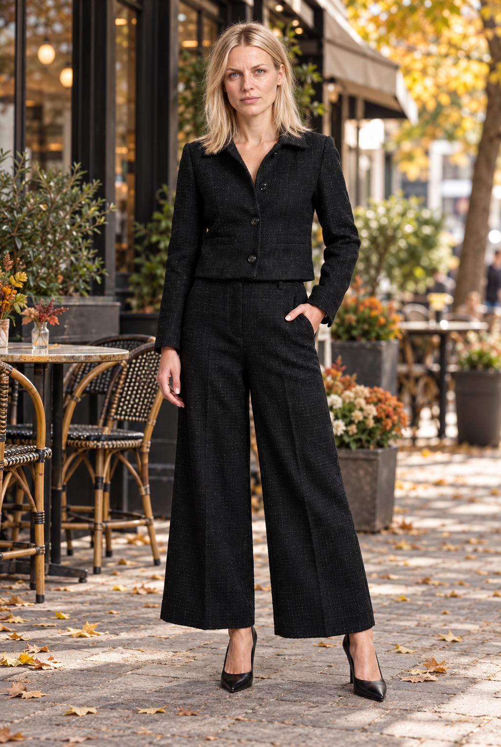 Tilde | Tweed-Look Cropped Jacket and Wide-Leg Trouser Set