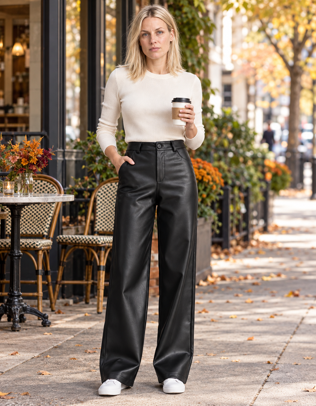 Bryndis | Fleece-Lined Leather-Look Wide-Leg Trousers