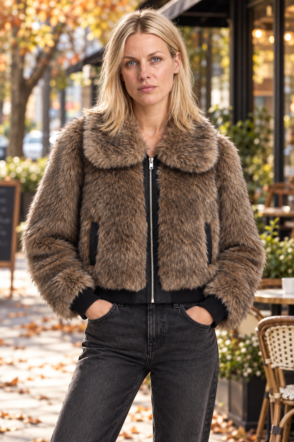 Gisela | Collared Zip-Up Faux Fur Cropped Bomber Jacket