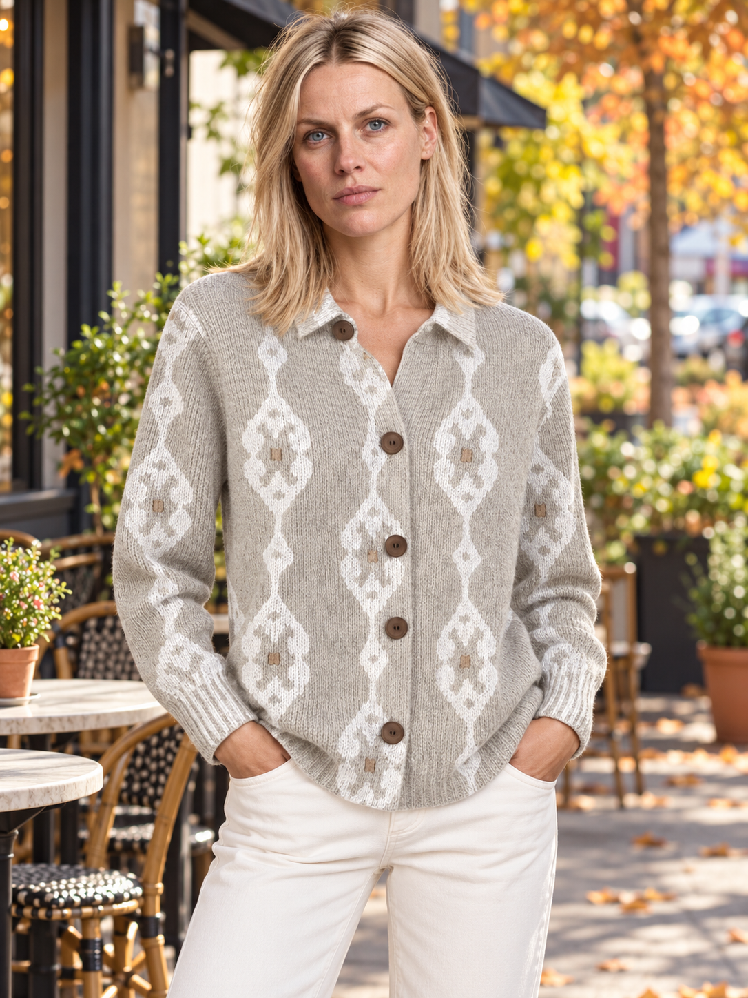Susanna | Geometric Print Button-Up Knit Cardigan