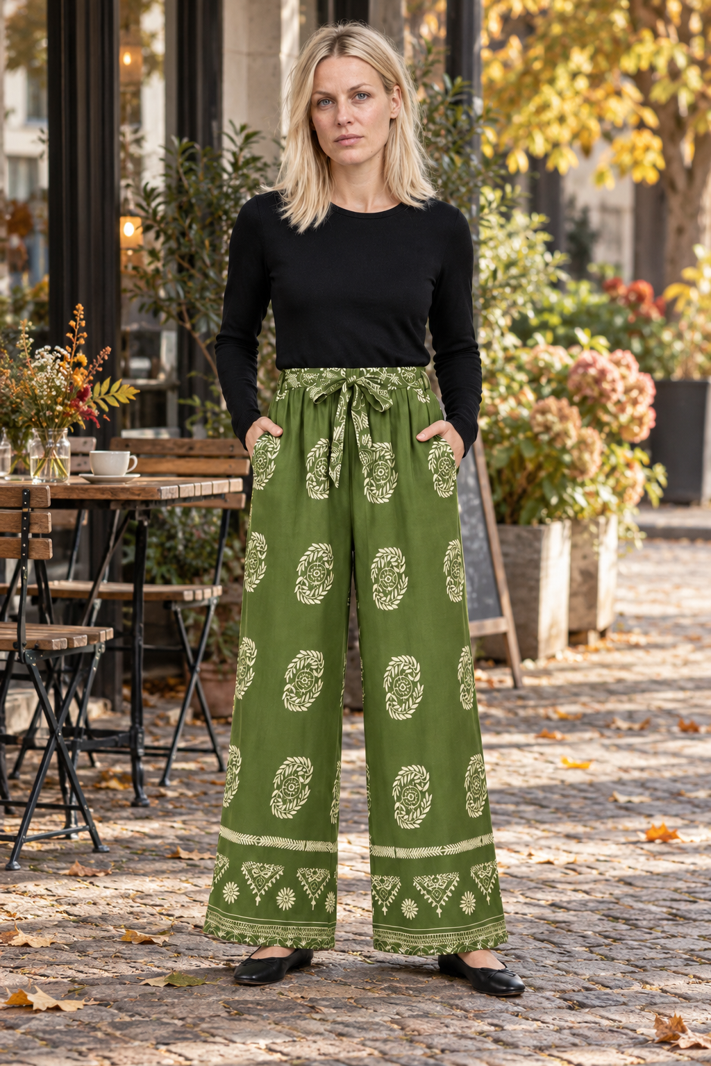 Silje | Floral Border-Print Tie-Waist Wide-Leg Pants