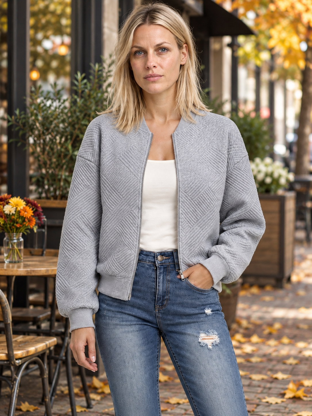 Inga | Textured Zip-Up Bomber Jacket