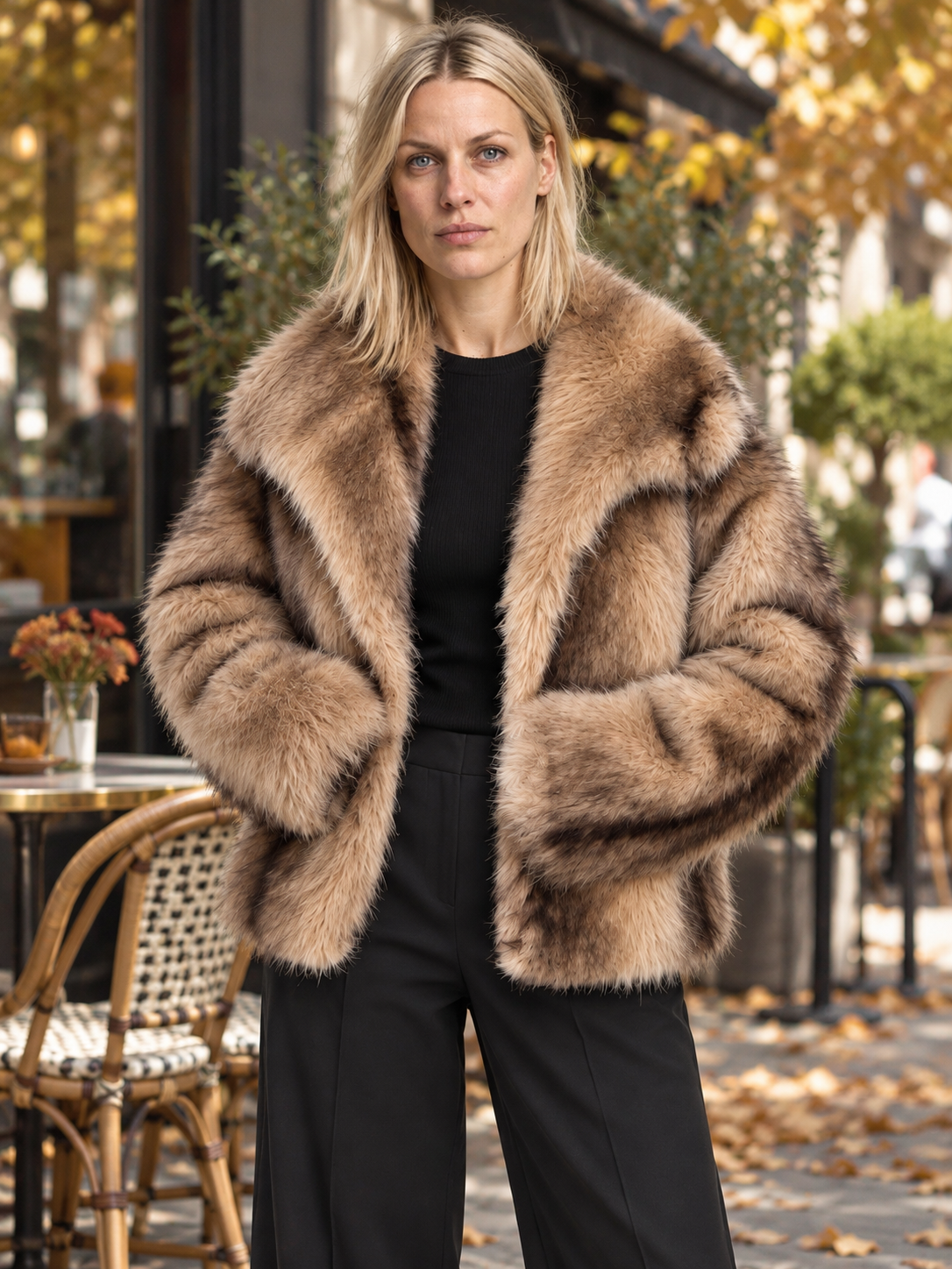 Emanuela | Striped Notch-Collar Plush Oversized Cropped Coat