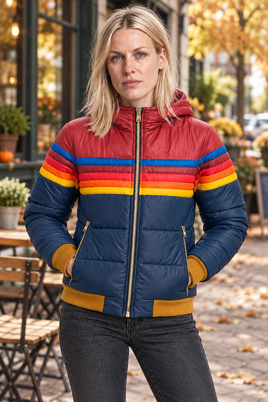 Jara | Hooded Retro Rainbow-Stripe Puffer Jacket