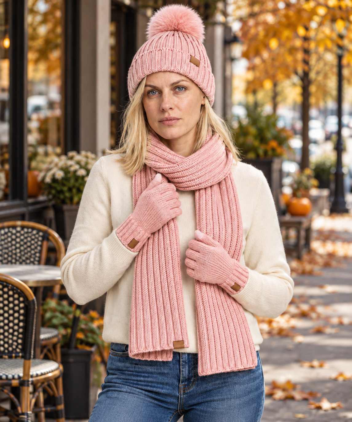 Annelies | Ribbed Pom-Pom Beanie Scarf and Gloves Set