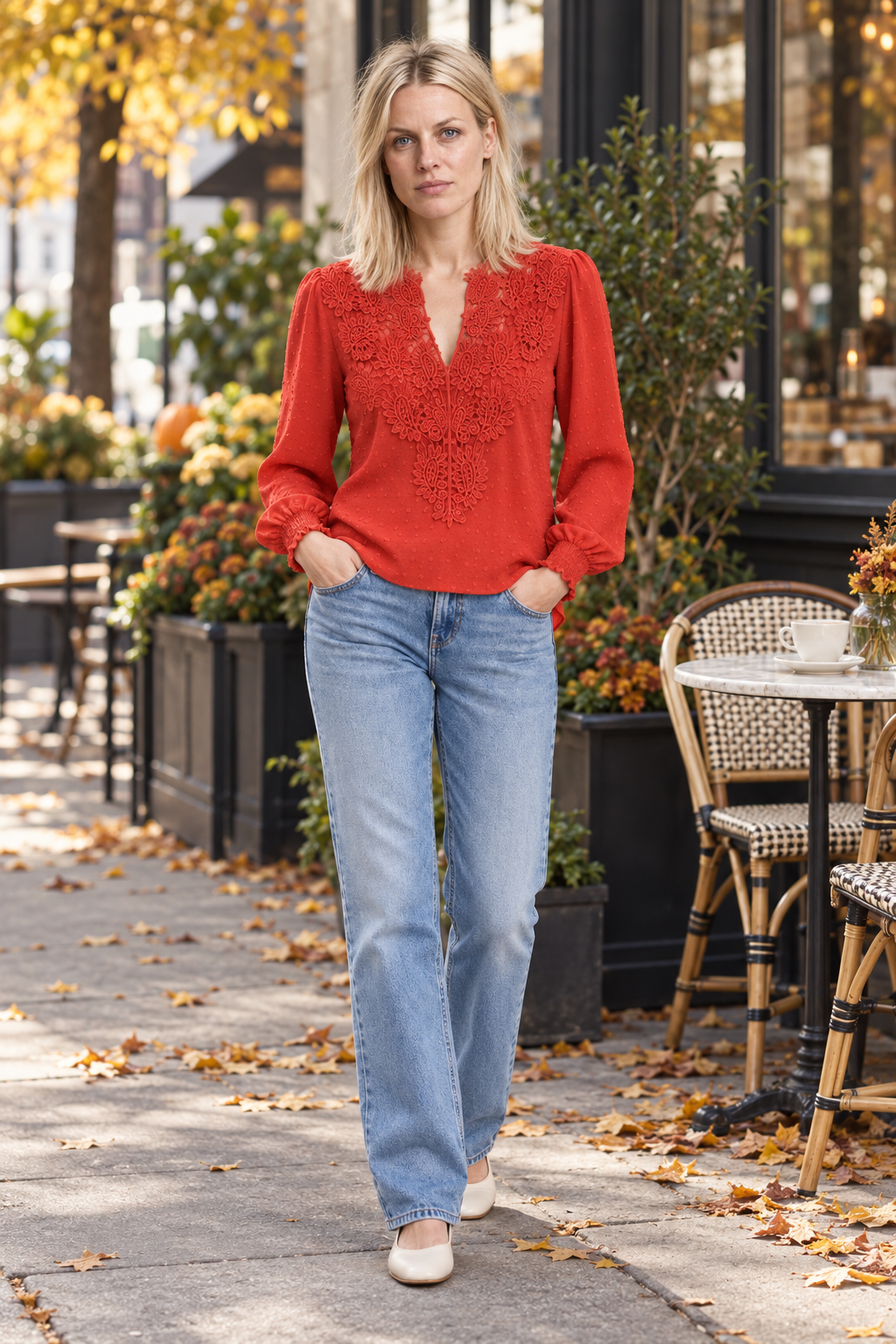 Colette | Lace-Trim Swiss-Dot Blouse