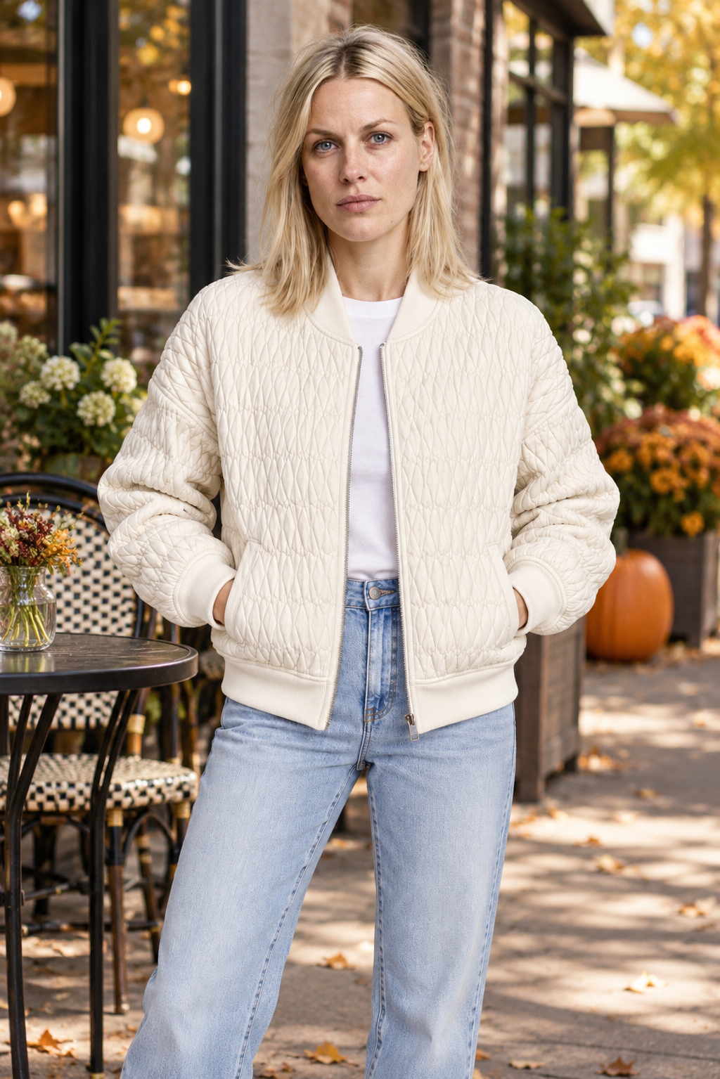Katharine | Diamond-Quilted Ribbed-Trim Bomber Jacket