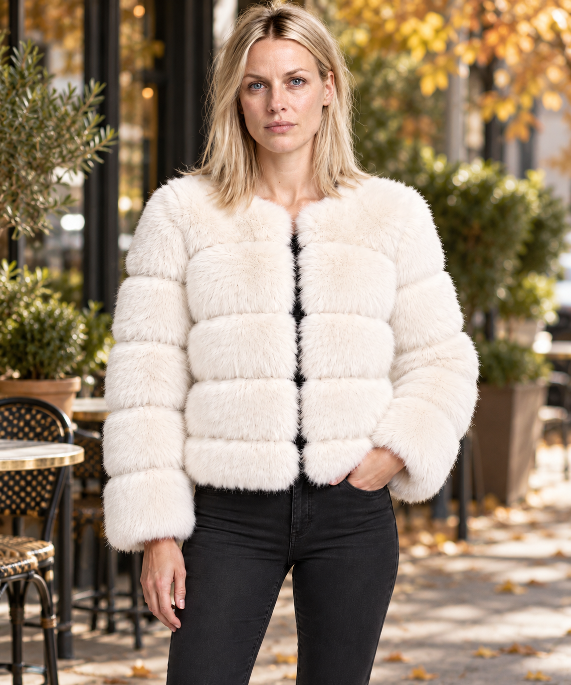Galina | Tiered-Panel Collarless Faux Fur Cropped Jacket