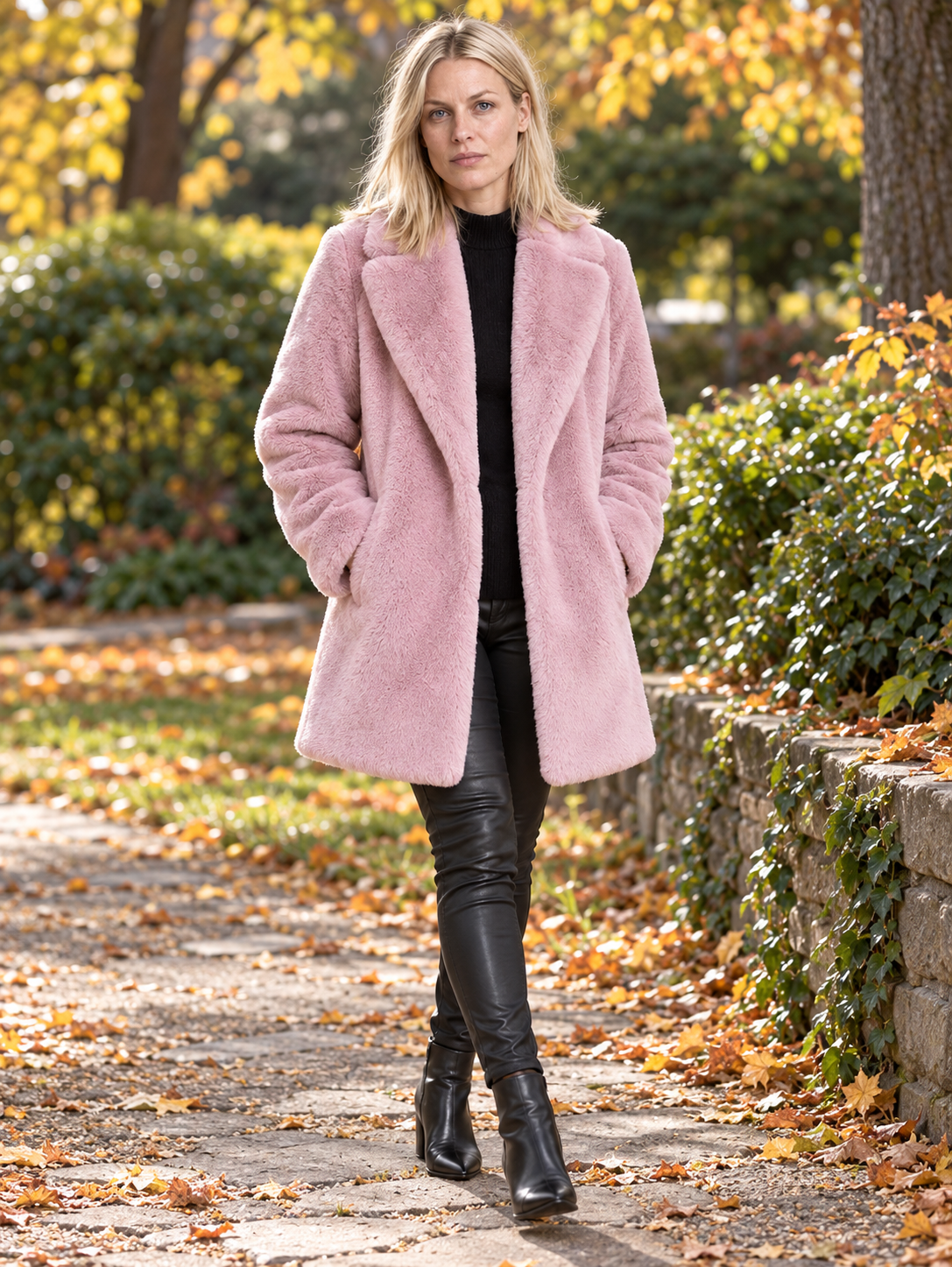 Flavie | Wide-Lapel Open-Front Faux Fur Mid-Thigh Coat