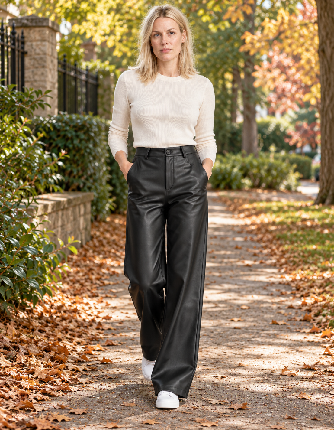 Bryndis | Fleece-Lined Leather-Look Wide-Leg Trousers