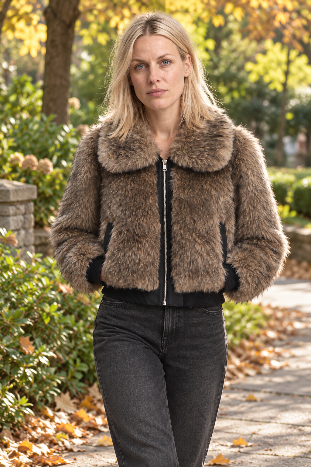 Gisela | Collared Zip-Up Faux Fur Cropped Bomber Jacket