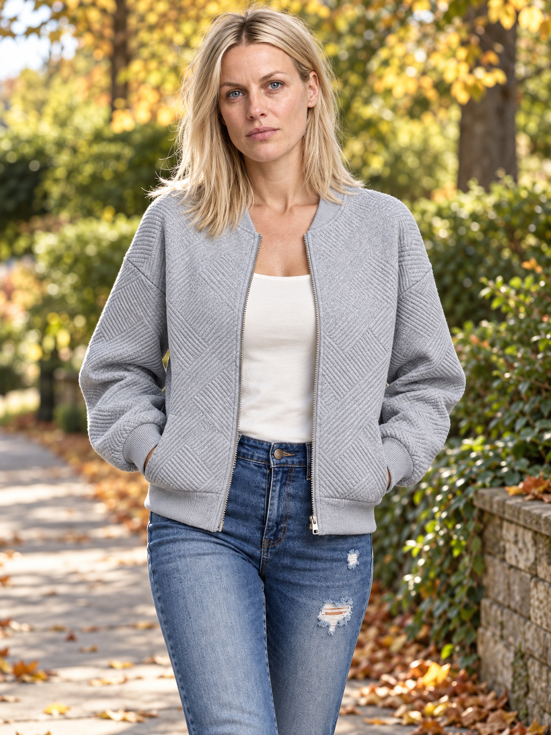 Inga | Textured Zip-Up Bomber Jacket