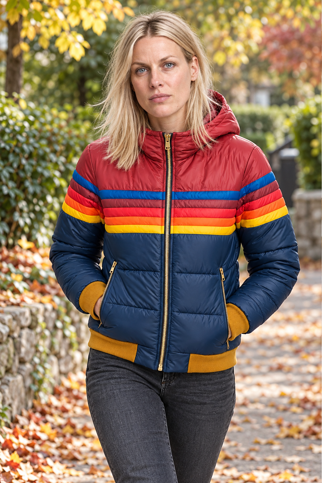 Jara | Hooded Retro Rainbow-Stripe Puffer Jacket