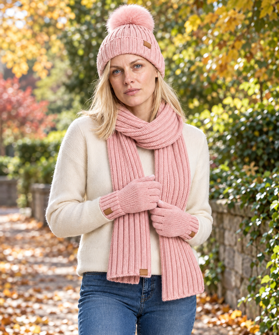 Annelies | Ribbed Pom-Pom Beanie Scarf and Gloves Set