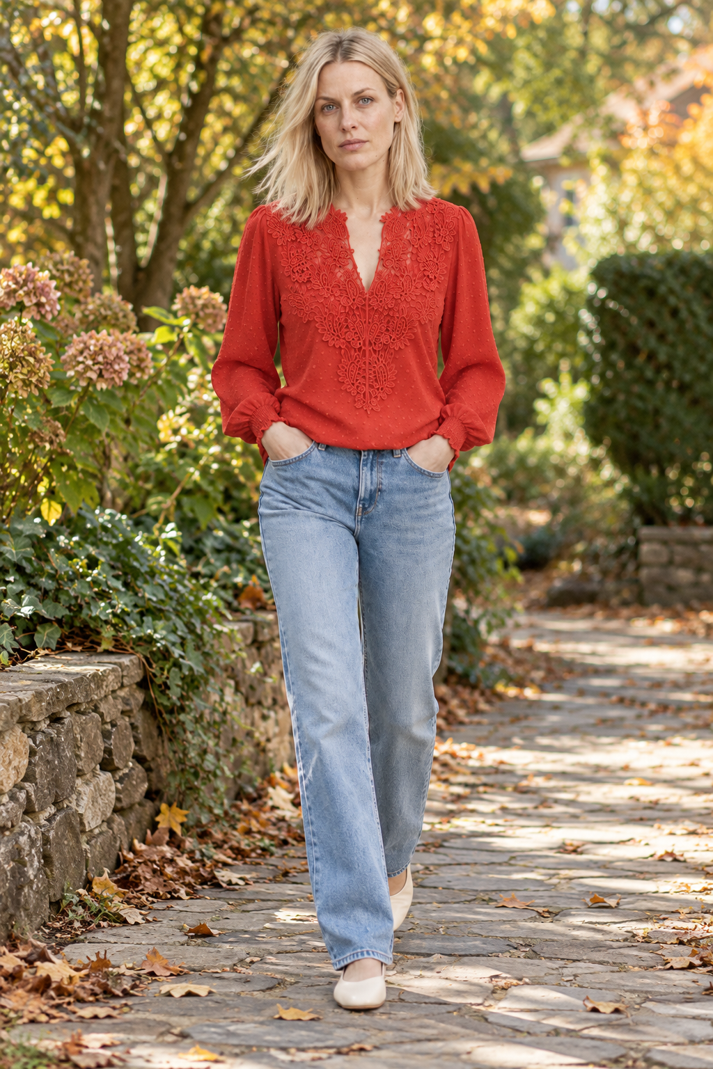 Colette | Lace-Trim Swiss-Dot Blouse