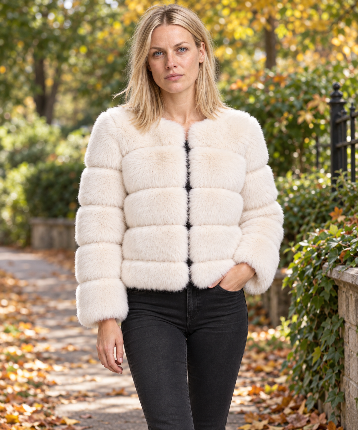 Galina | Tiered-Panel Collarless Faux Fur Cropped Jacket