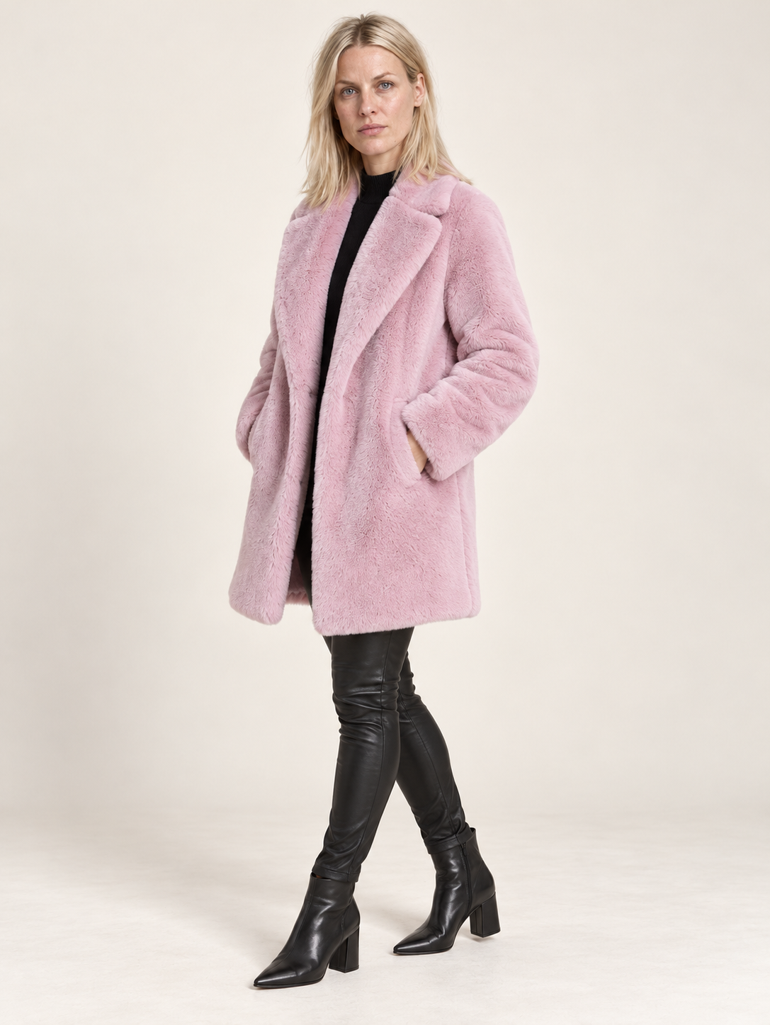 Flavie | Wide-Lapel Open-Front Faux Fur Mid-Thigh Coat