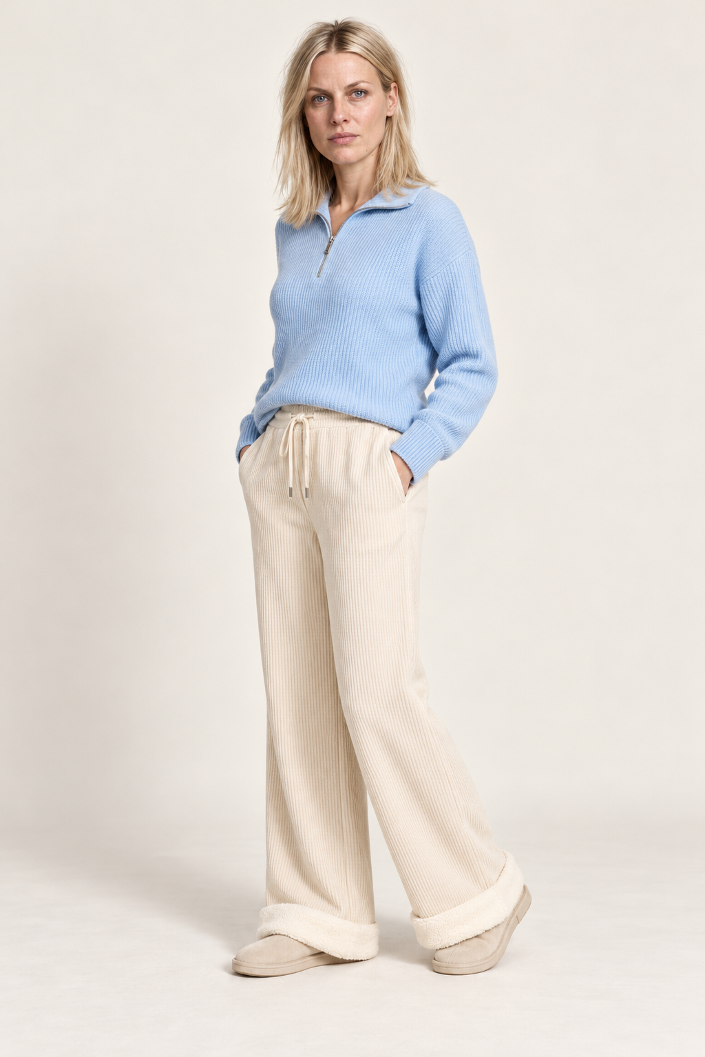 Branka | Fleece-Lined Ribbed Drawstring Wide-Leg Trousers