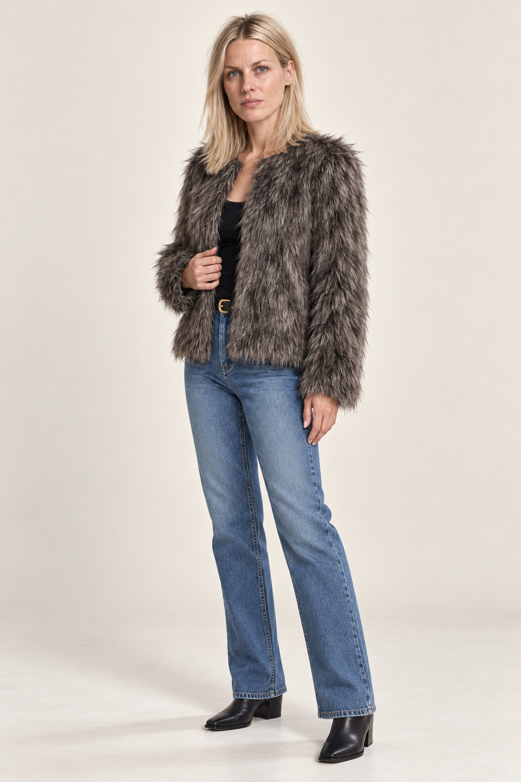 Dominika | Collarless Open-Front Shaggy Faux Fur Jacket