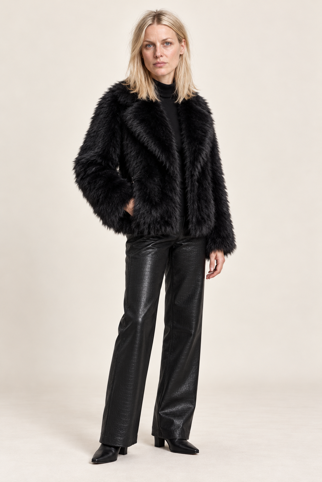 Filipa | Wide-Lapel Shaggy Faux Fur Hip-Length Jacket
