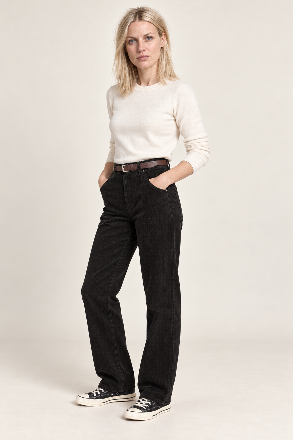 Nerina | High-Waisted Belted Straight-Leg Corduroy Pants