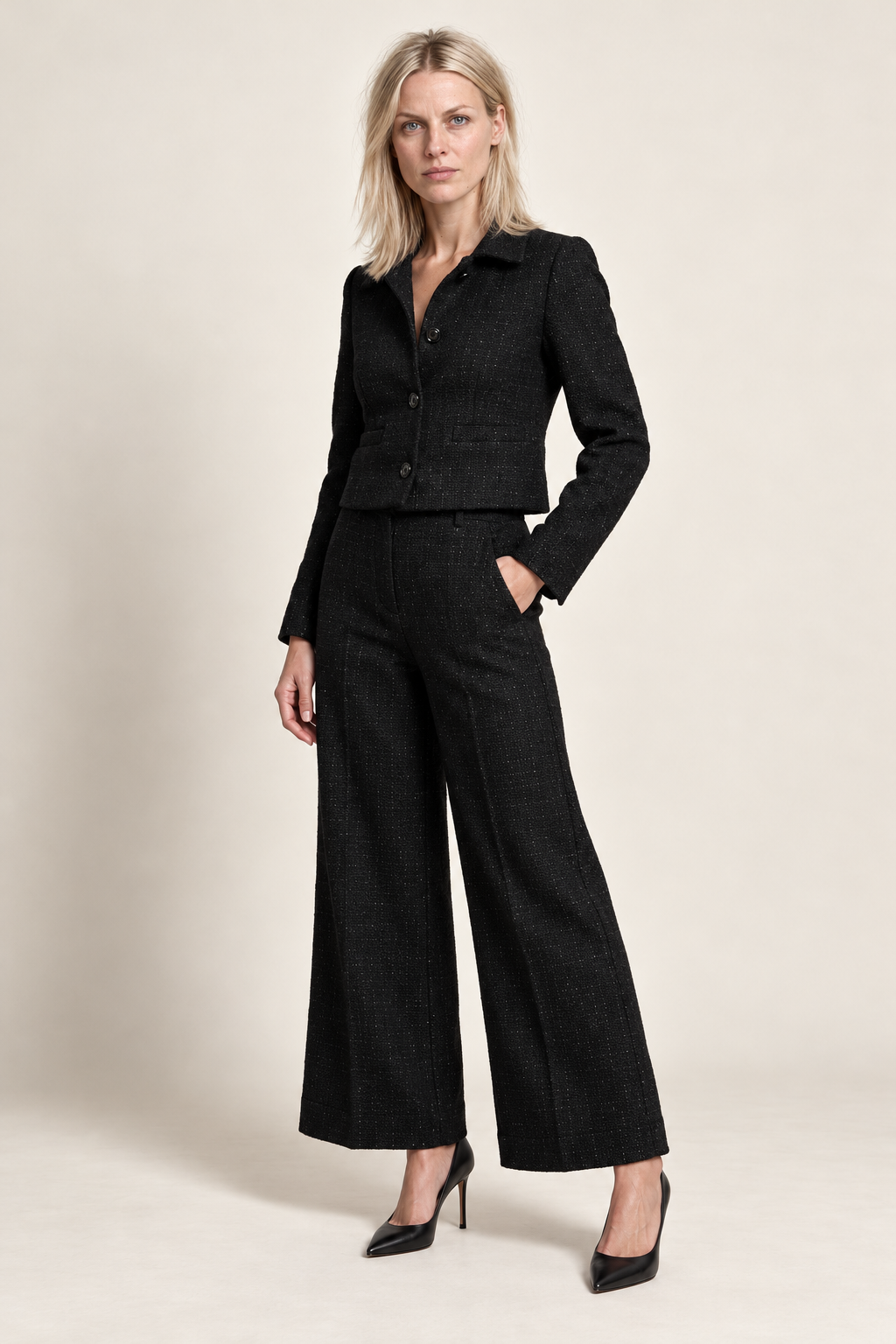 Tilde | Tweed-Look Cropped Jacket and Wide-Leg Trouser Set