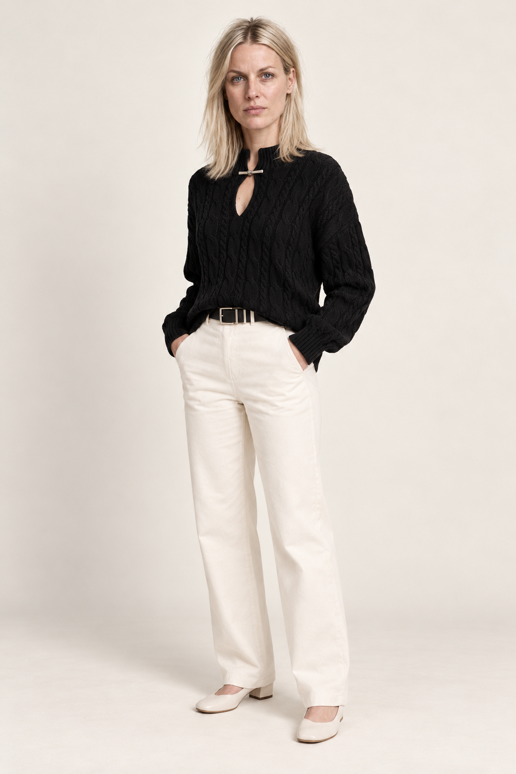 Yvonne | Cable Knit Keyhole High Neck Jumper
