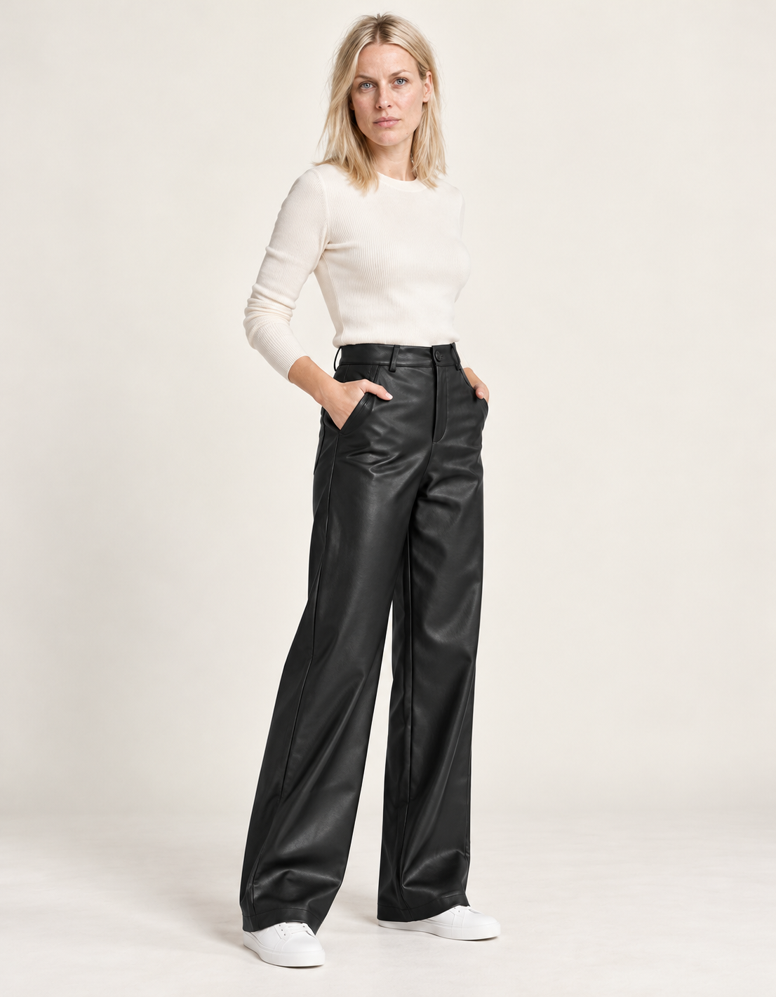 Bryndis | Fleece-Lined Leather-Look Wide-Leg Trousers
