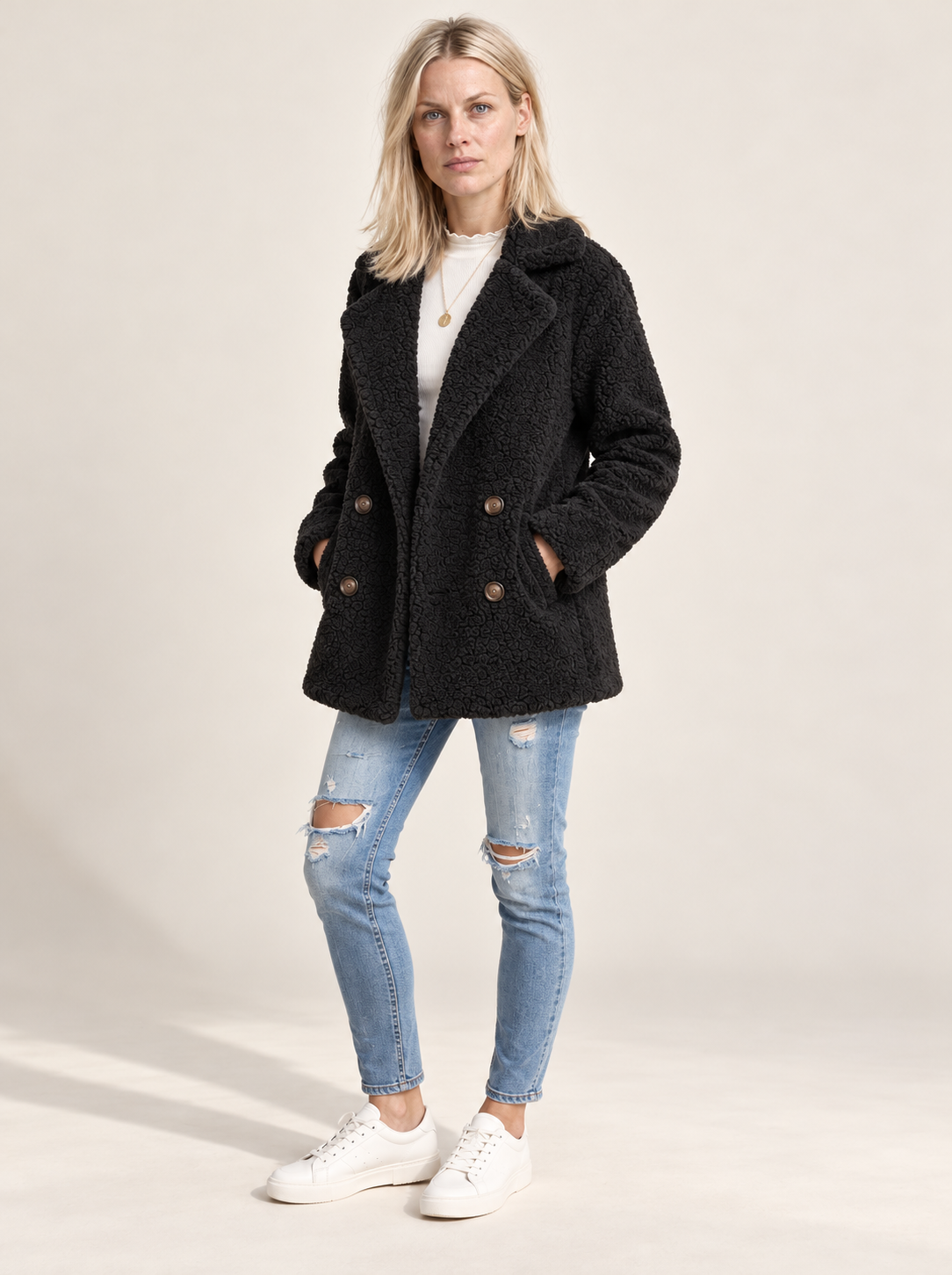 Glenys | Double-Breasted Notched-Lapel Teddy Coat