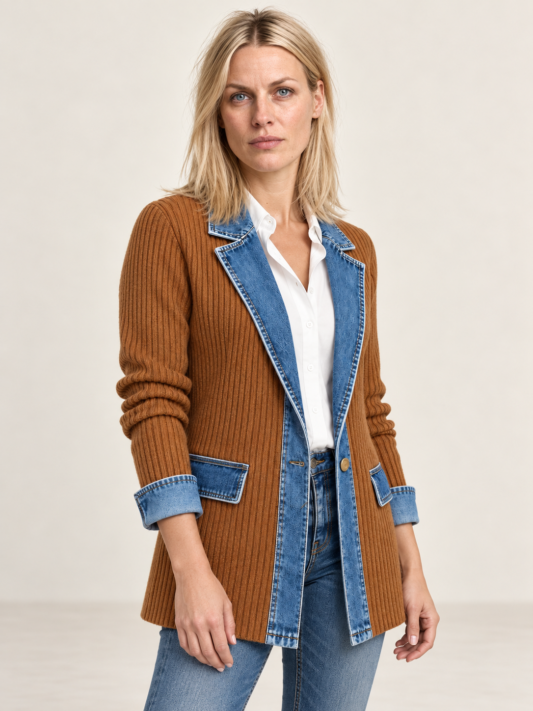 Saskia | Denim Trim Knit Blazer
