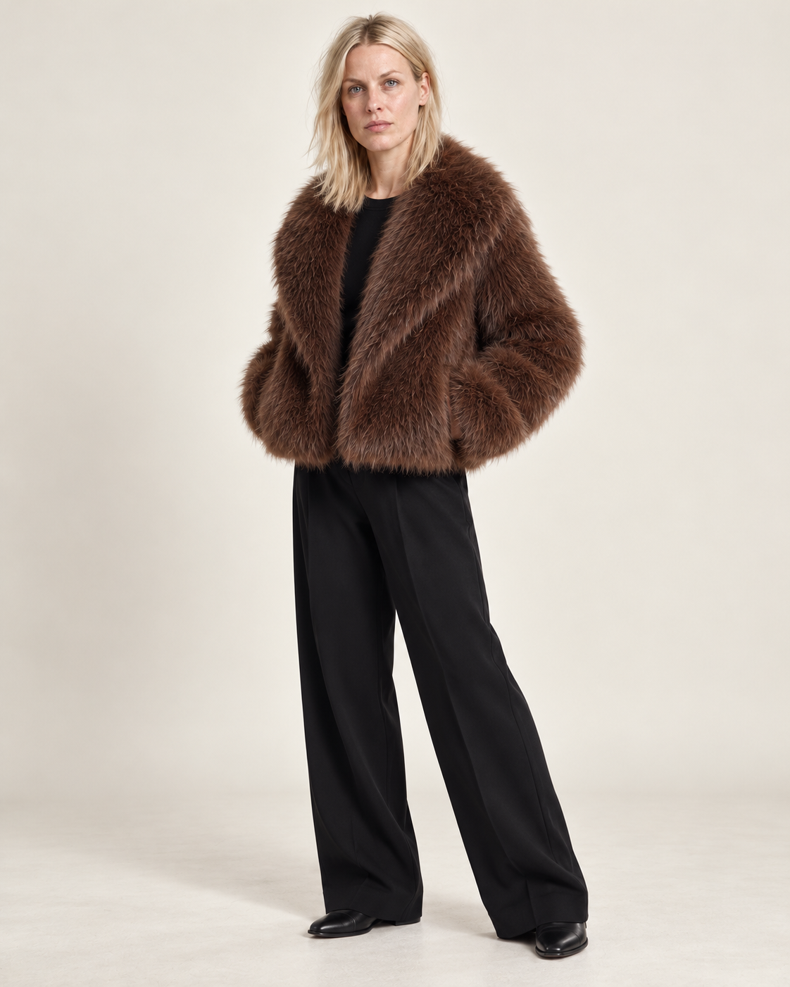 Gabrielle | Wide-Collar Shaggy Faux Fur Cropped Jacket