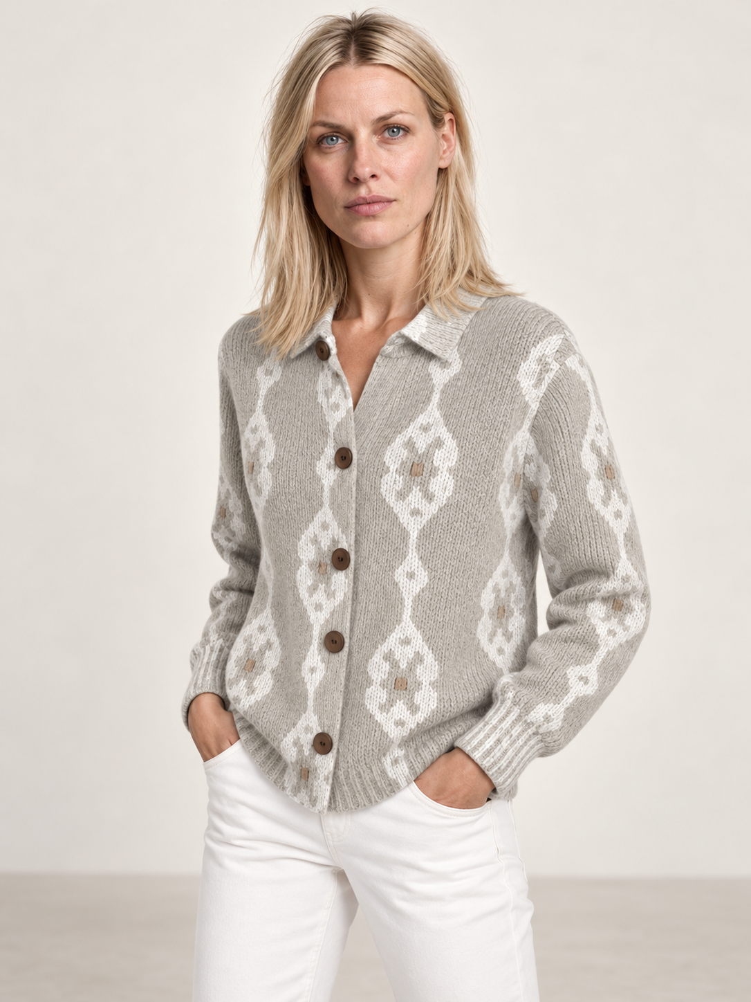 Susanna | Geometric Print Button-Up Knit Cardigan
