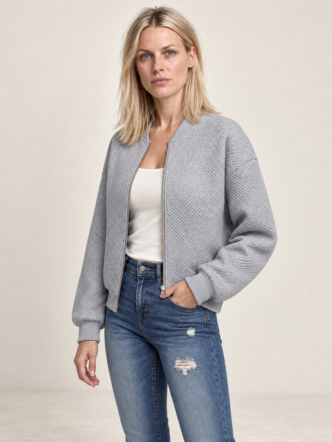Inga | Textured Zip-Up Bomber Jacket