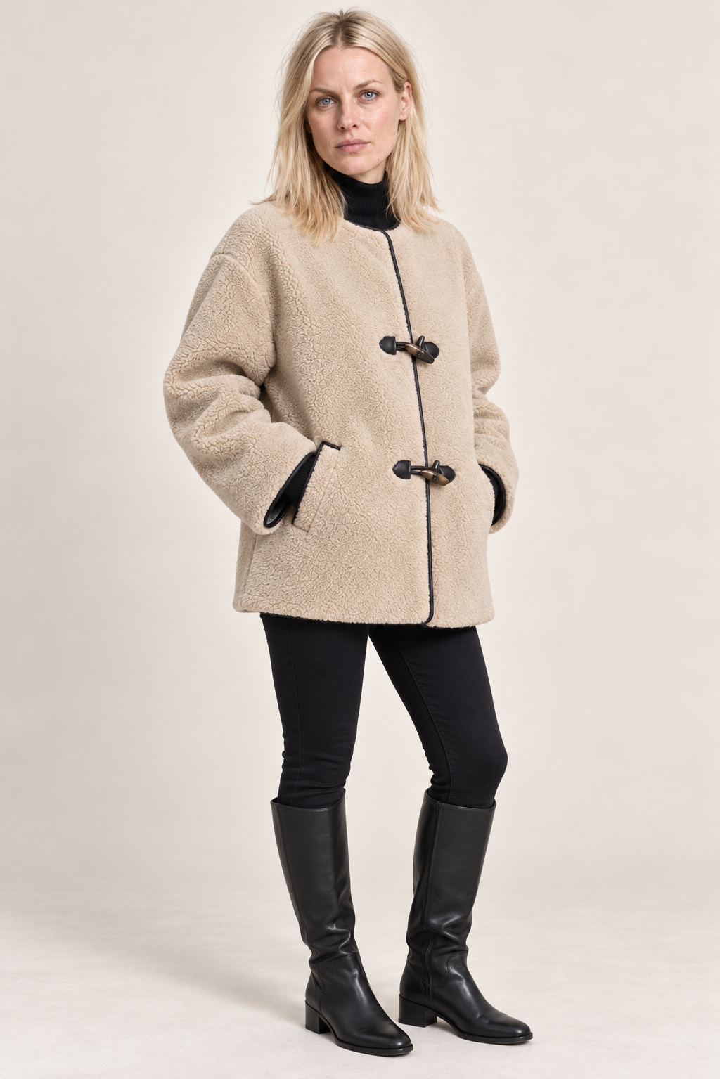 Danika | Round-Neck Toggle-Front Hip-Length Teddy Coat