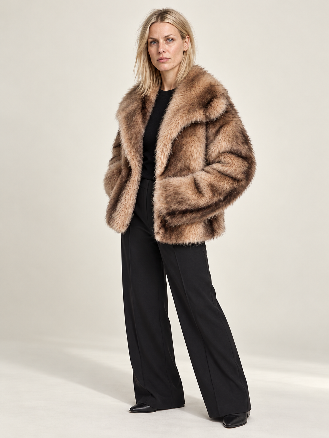 Emanuela | Striped Notch-Collar Plush Oversized Cropped Coat