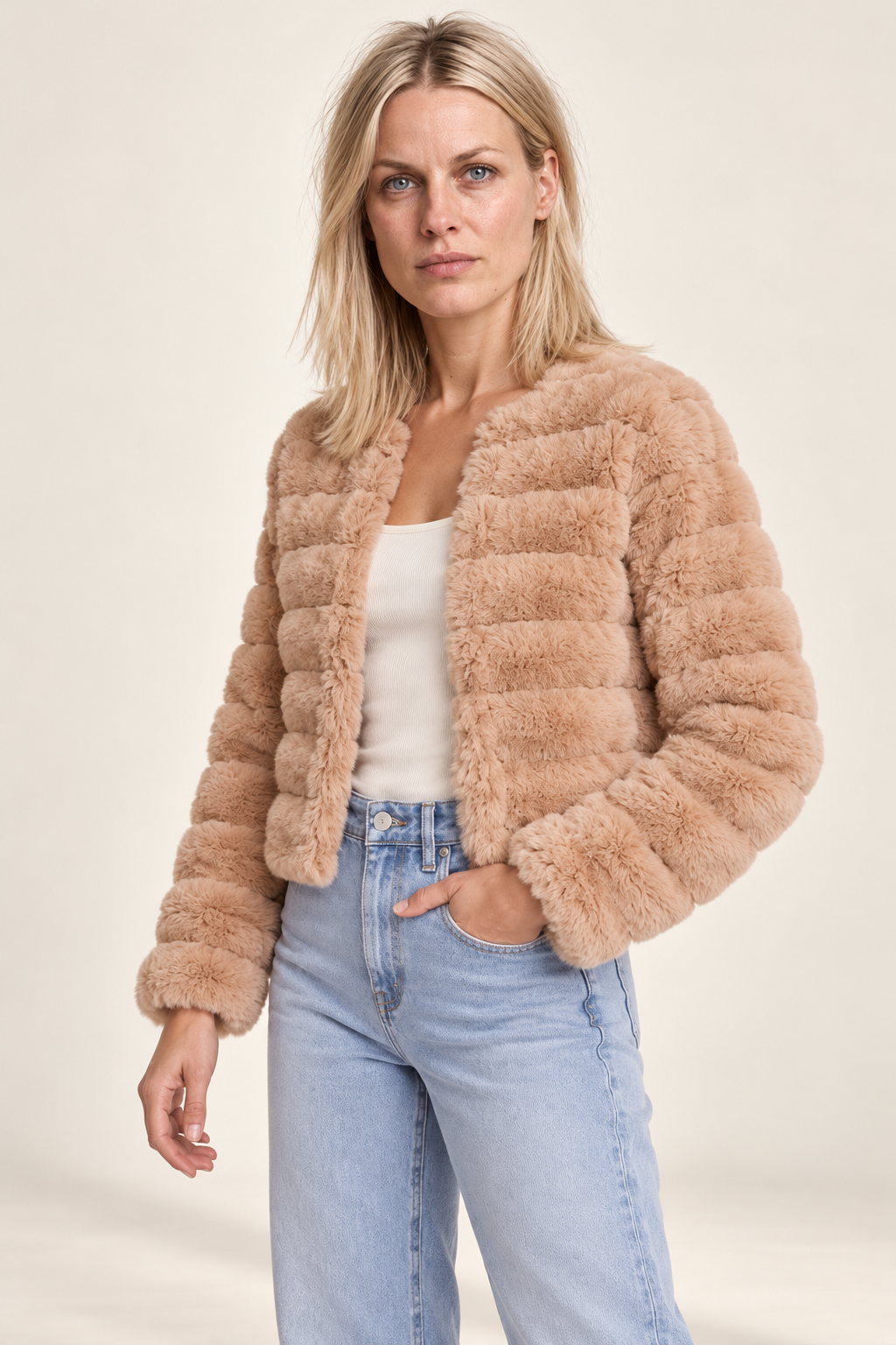 Catia | Channel-Texture Faux Fur Cropped Jacket