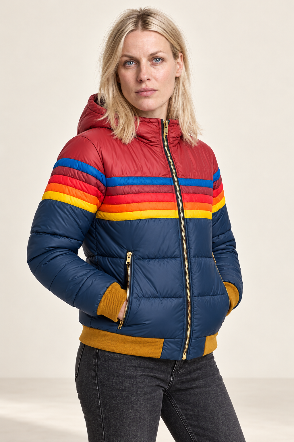 Jara | Hooded Retro Rainbow-Stripe Puffer Jacket