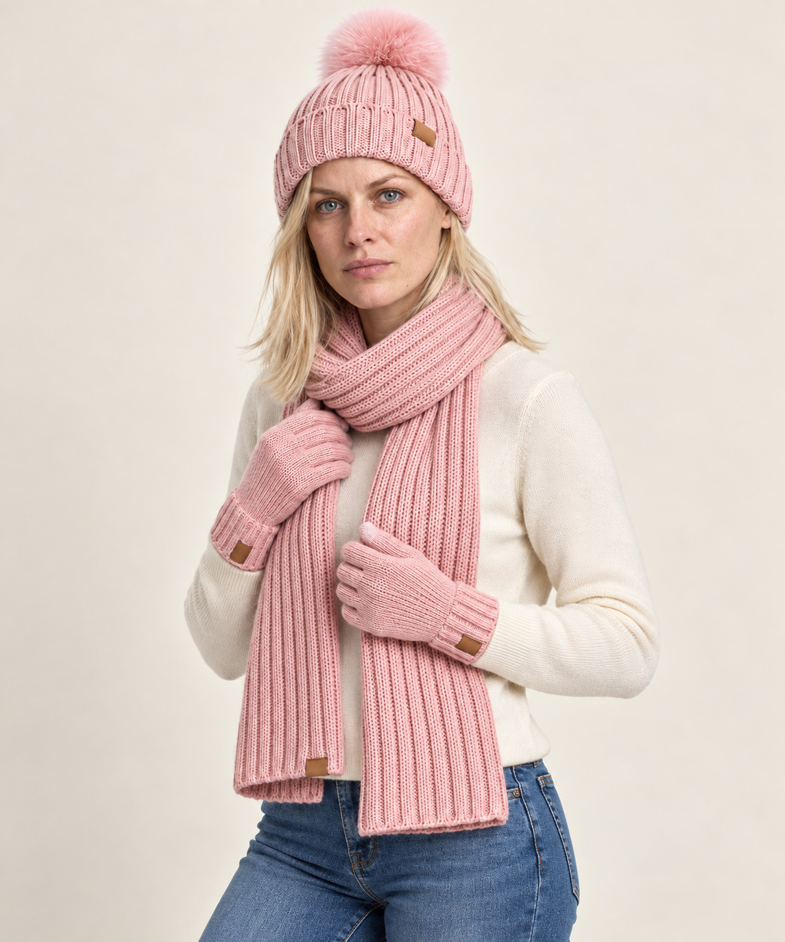 Annelies | Ribbed Pom-Pom Beanie Scarf and Gloves Set
