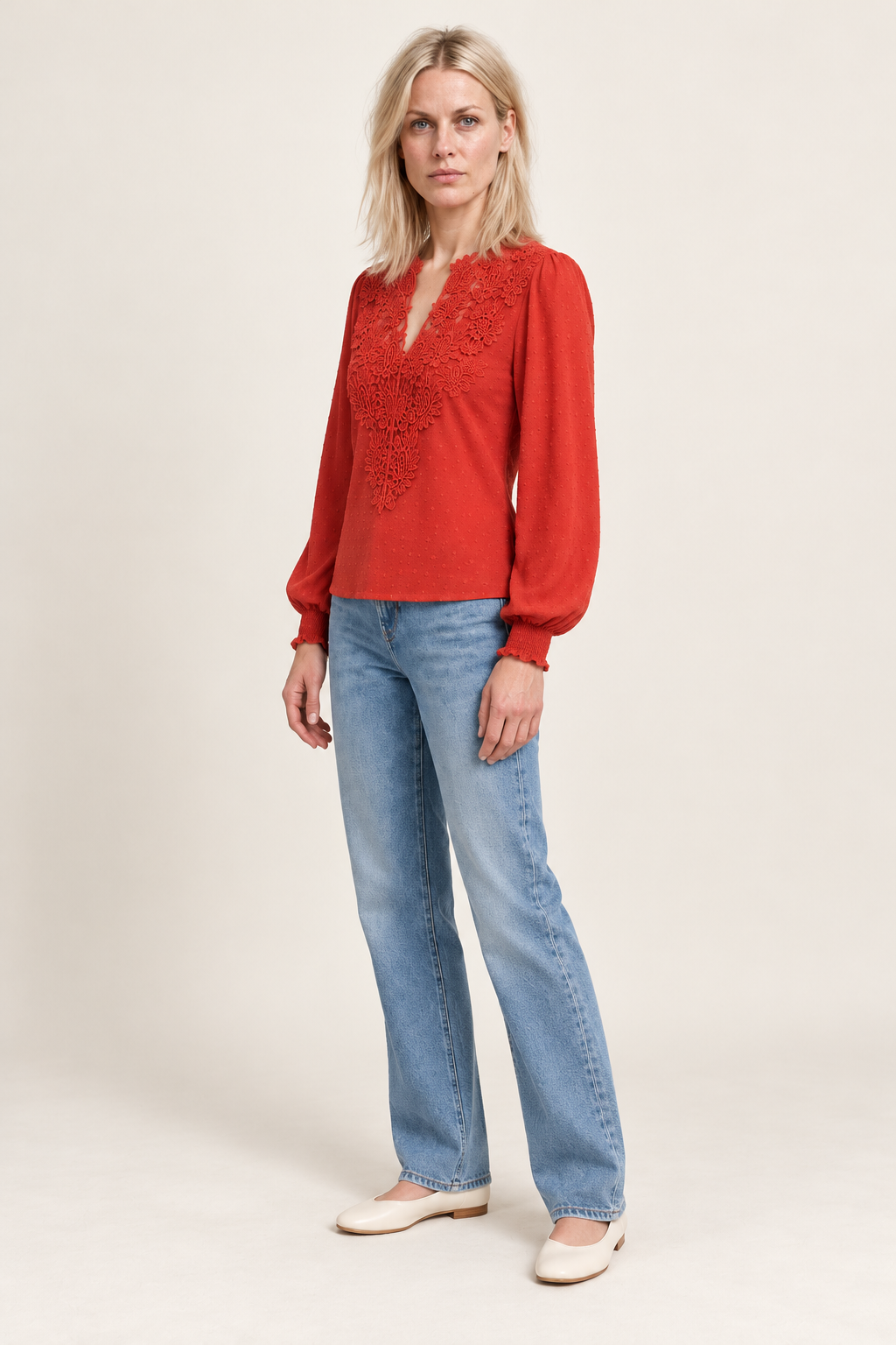 Colette | Lace-Trim Swiss-Dot Blouse