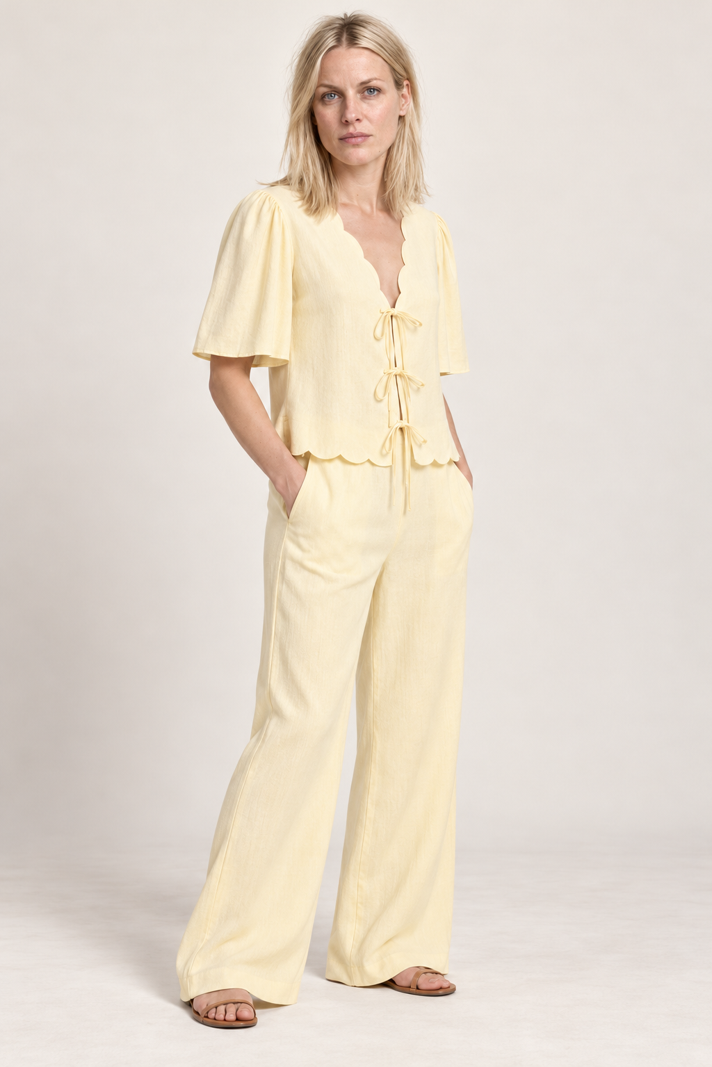 Thora | Scalloped Tie-Front Blouse and Wide-Leg Trouser Set