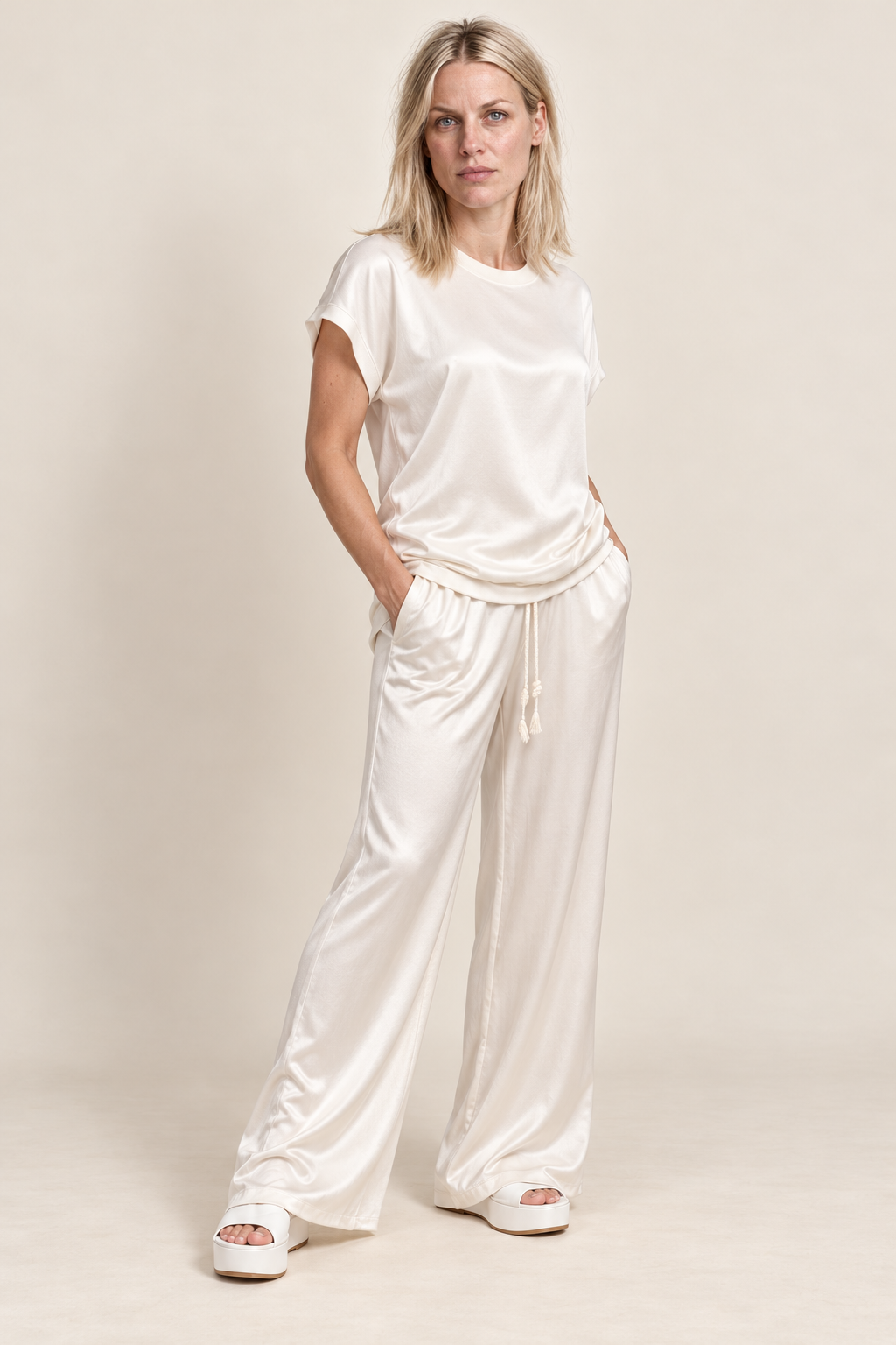 Teja | Satin-Look Cap-Sleeve Top and Wide-Leg Lounge Set