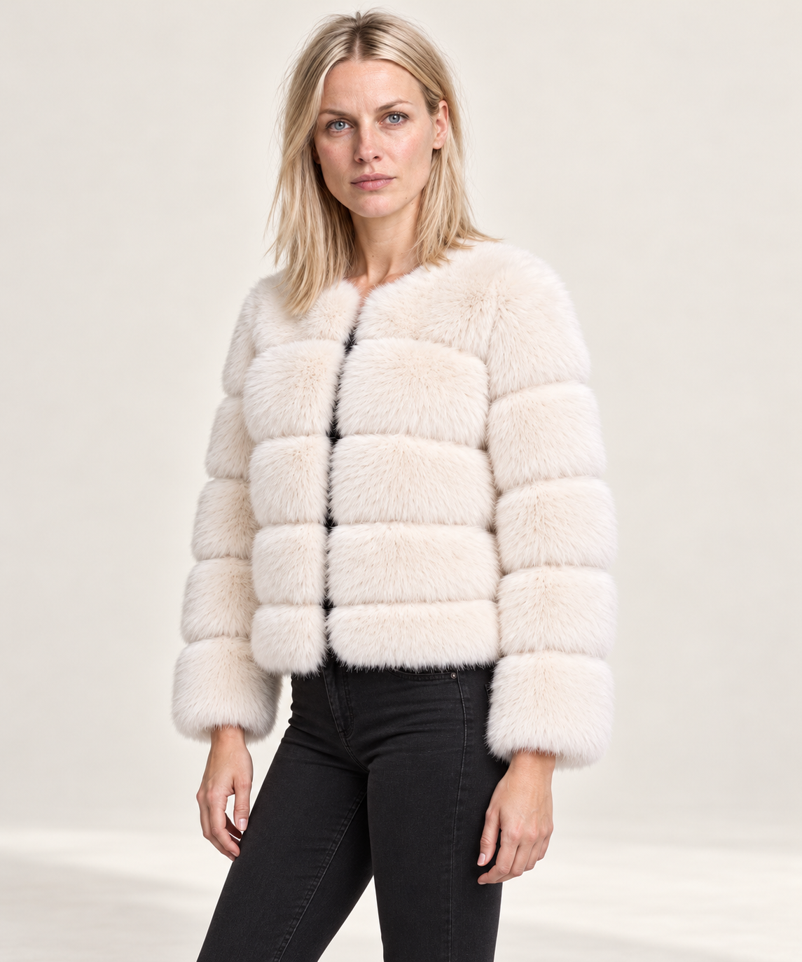 Galina | Tiered-Panel Collarless Faux Fur Cropped Jacket