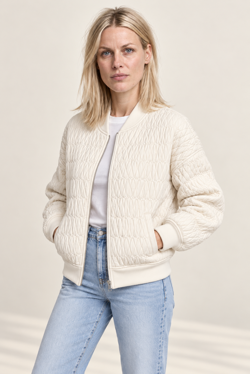 Katharine | Diamond-Quilted Ribbed-Trim Bomber Jacket